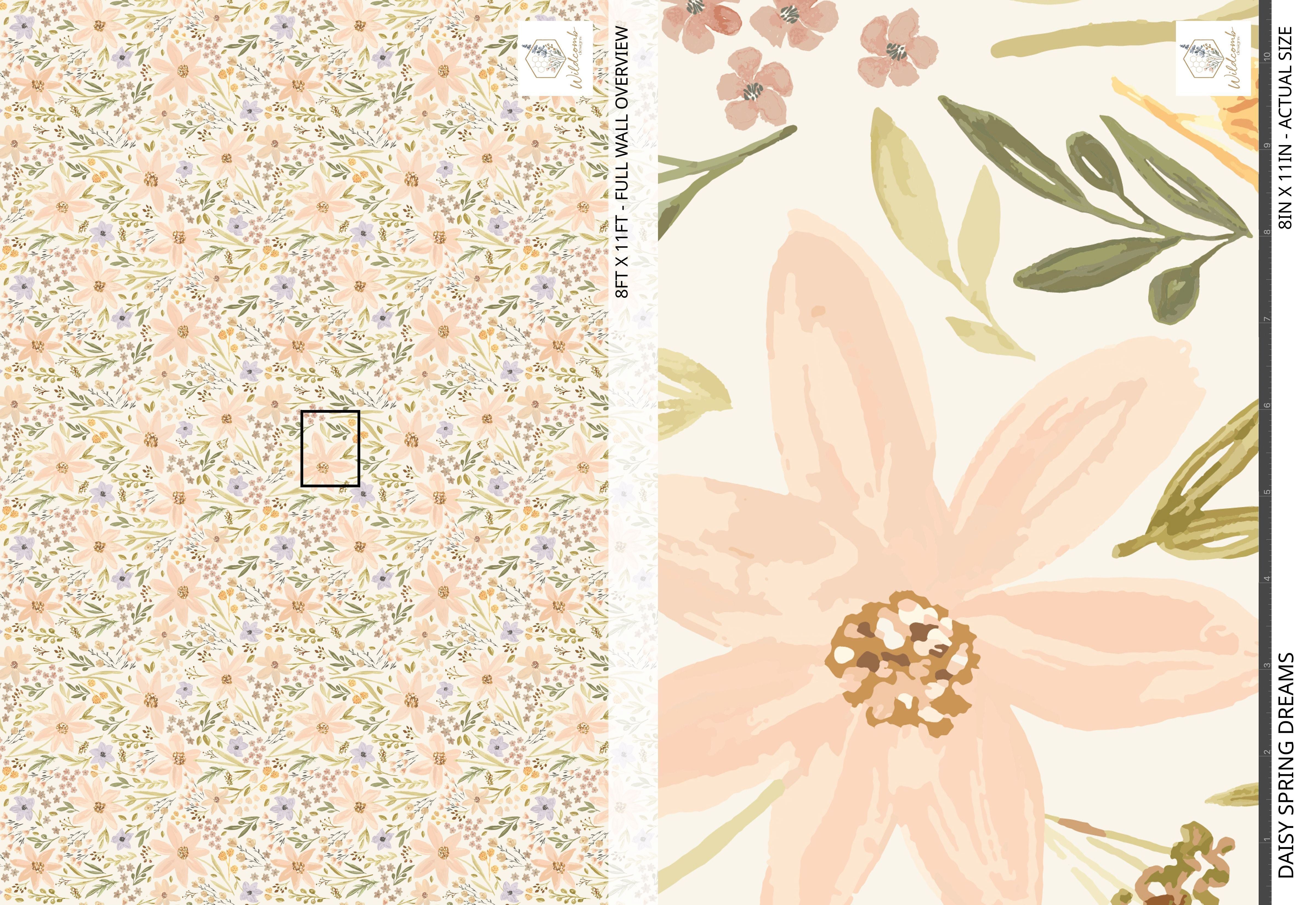 Daisy Spring Dreams wallpaper sample sheet showing the full pattern repeat and a close-up of the large daisy motif.