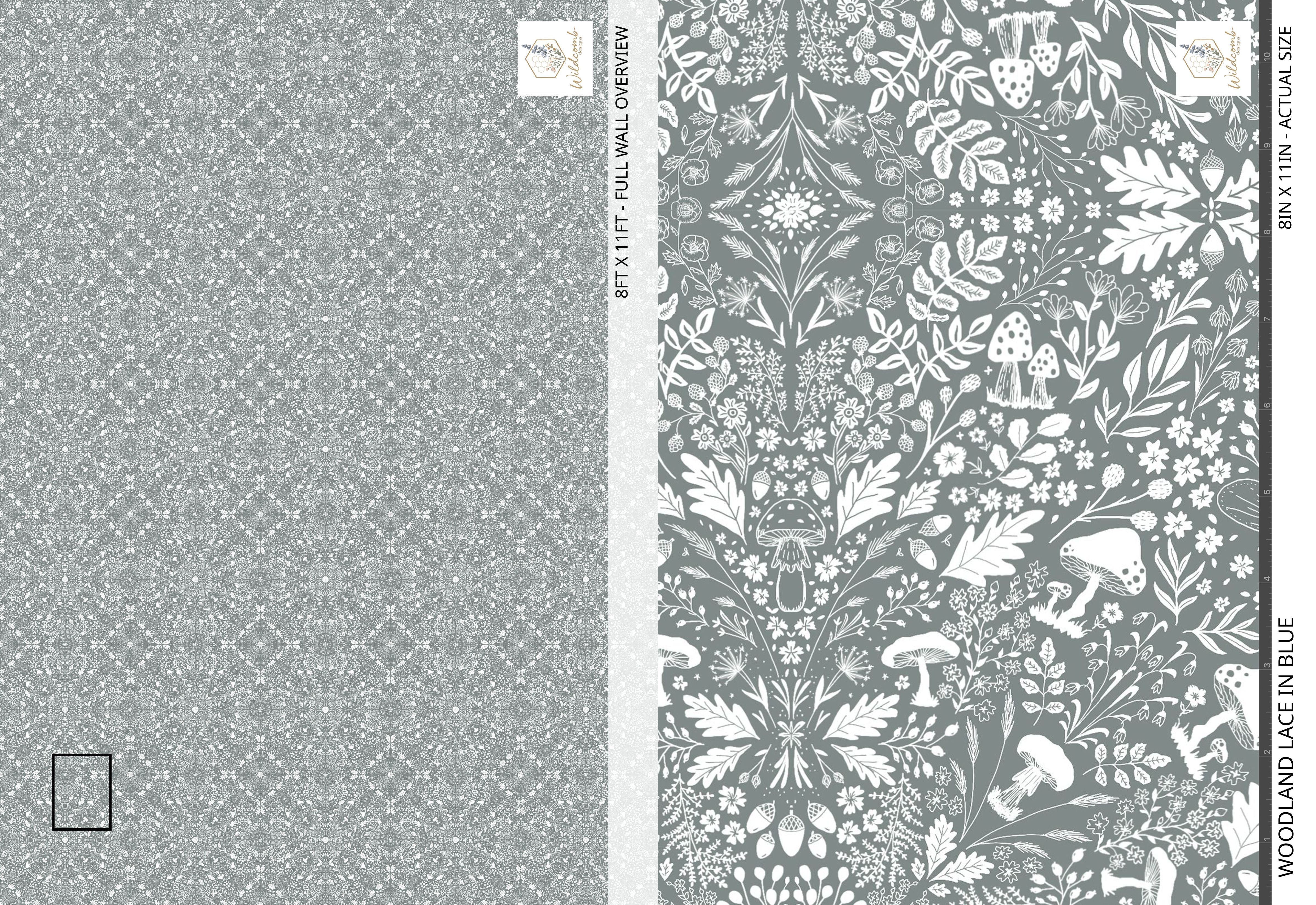 Full-wall overview and close-up swatch of Woodland Lace in Blue, showing intricate mandala-inspired woodland illustrations on a soft navy background.