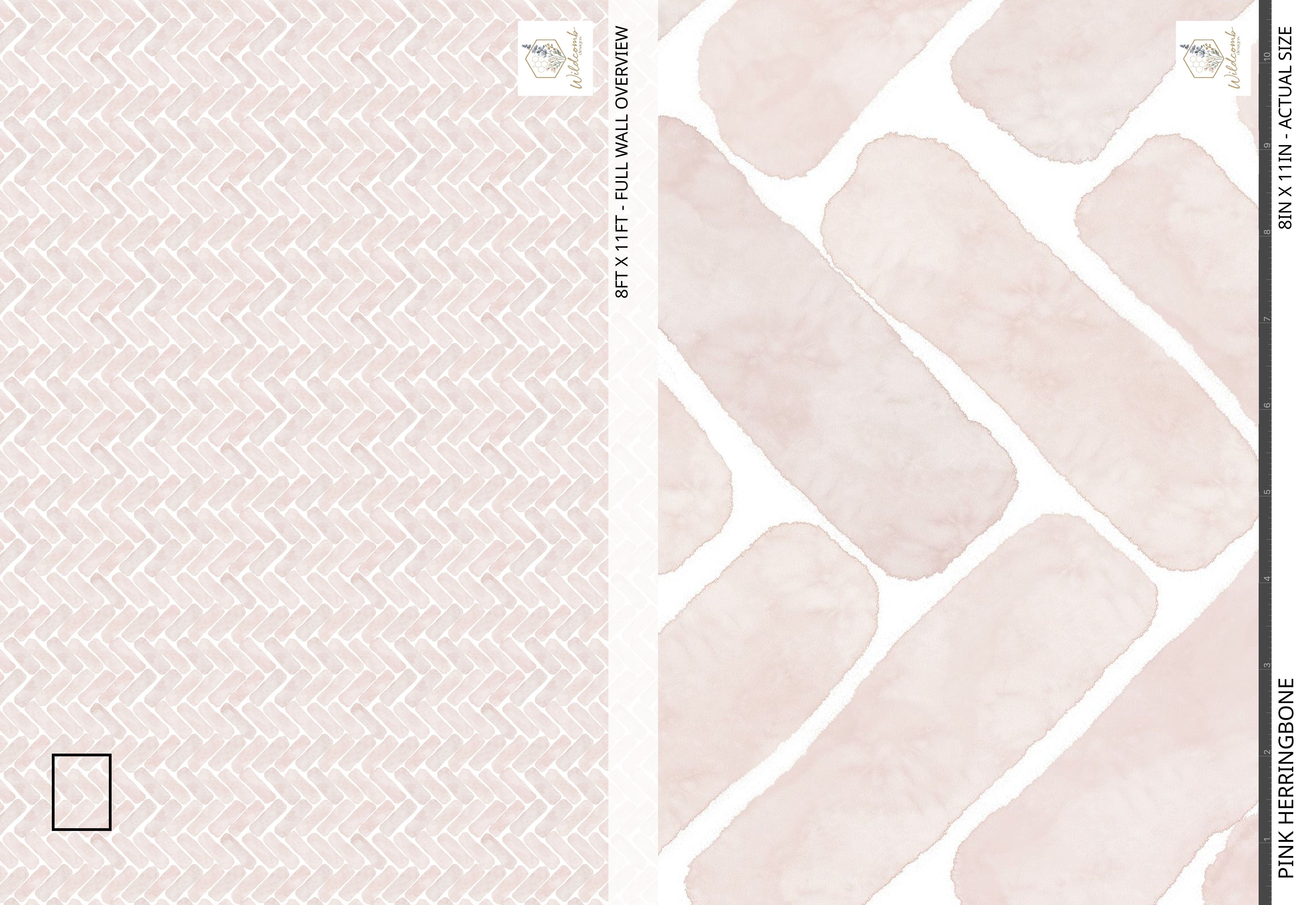 Full-wall overview of the blush pink watercolor herringbone tile wallpaper with an 8×11 inch close-up showing hand-painted brushstroke texture.