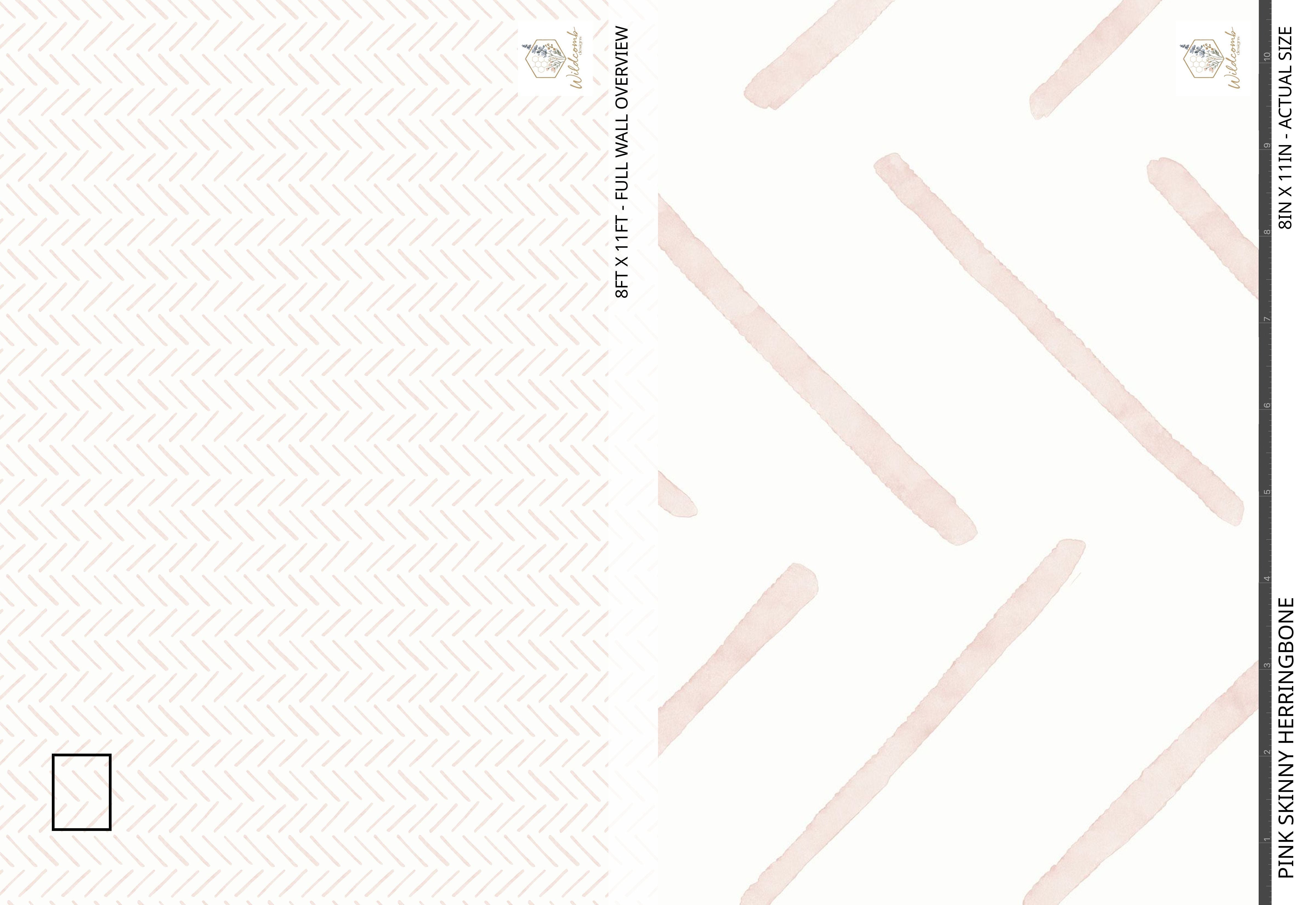Full-wall overview of the blush pink skinny watercolor herringbone wallpaper with soft hand-painted chevron lines, shown beside an 8×11 inch close-up for scale.