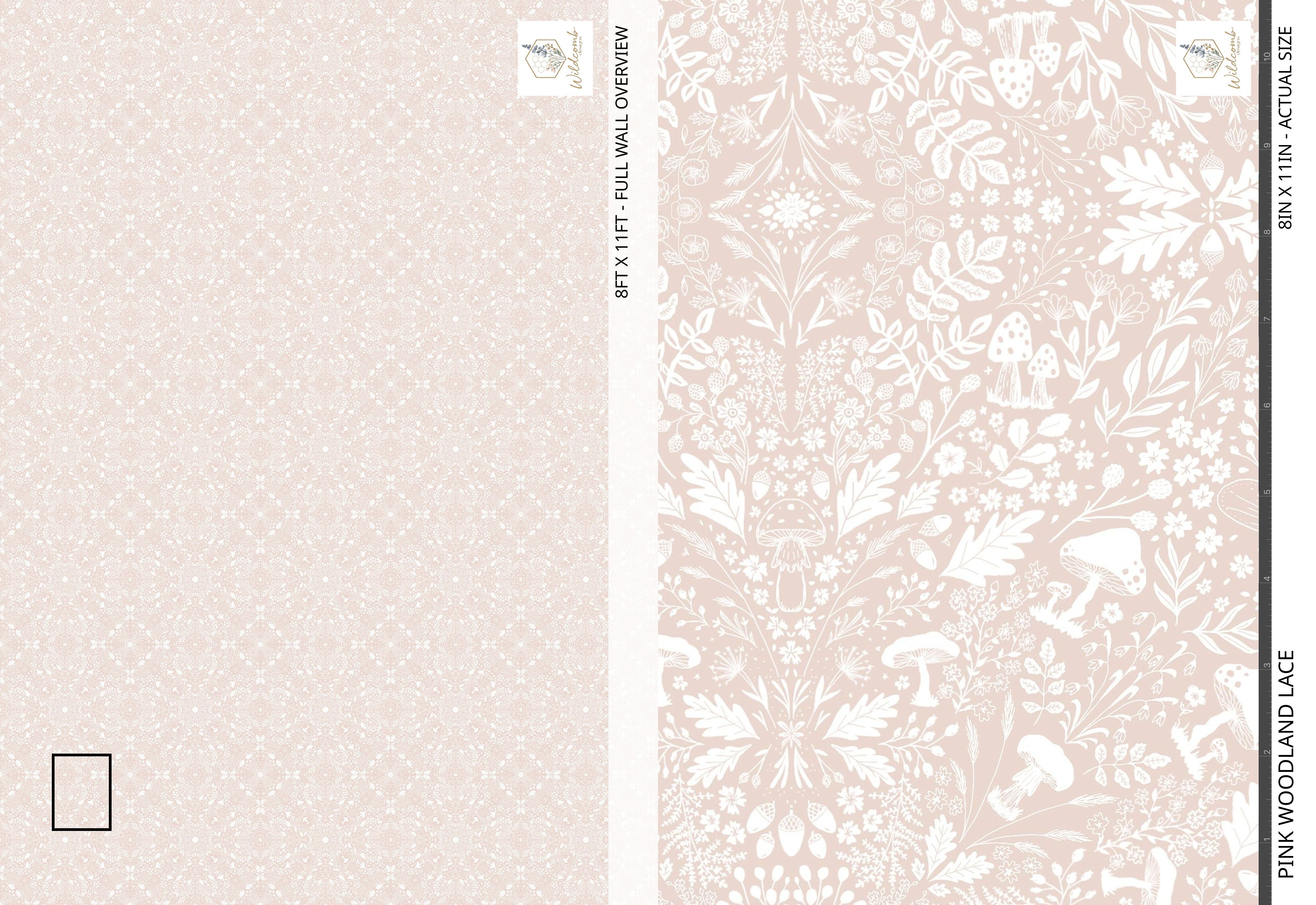 Full-wall overview of the Blush Pink Woodland Lace wallpaper with cream mandala-style florals, mushrooms, acorns, and woodland leaves, shown beside an 8×11 inch close-up for scale.