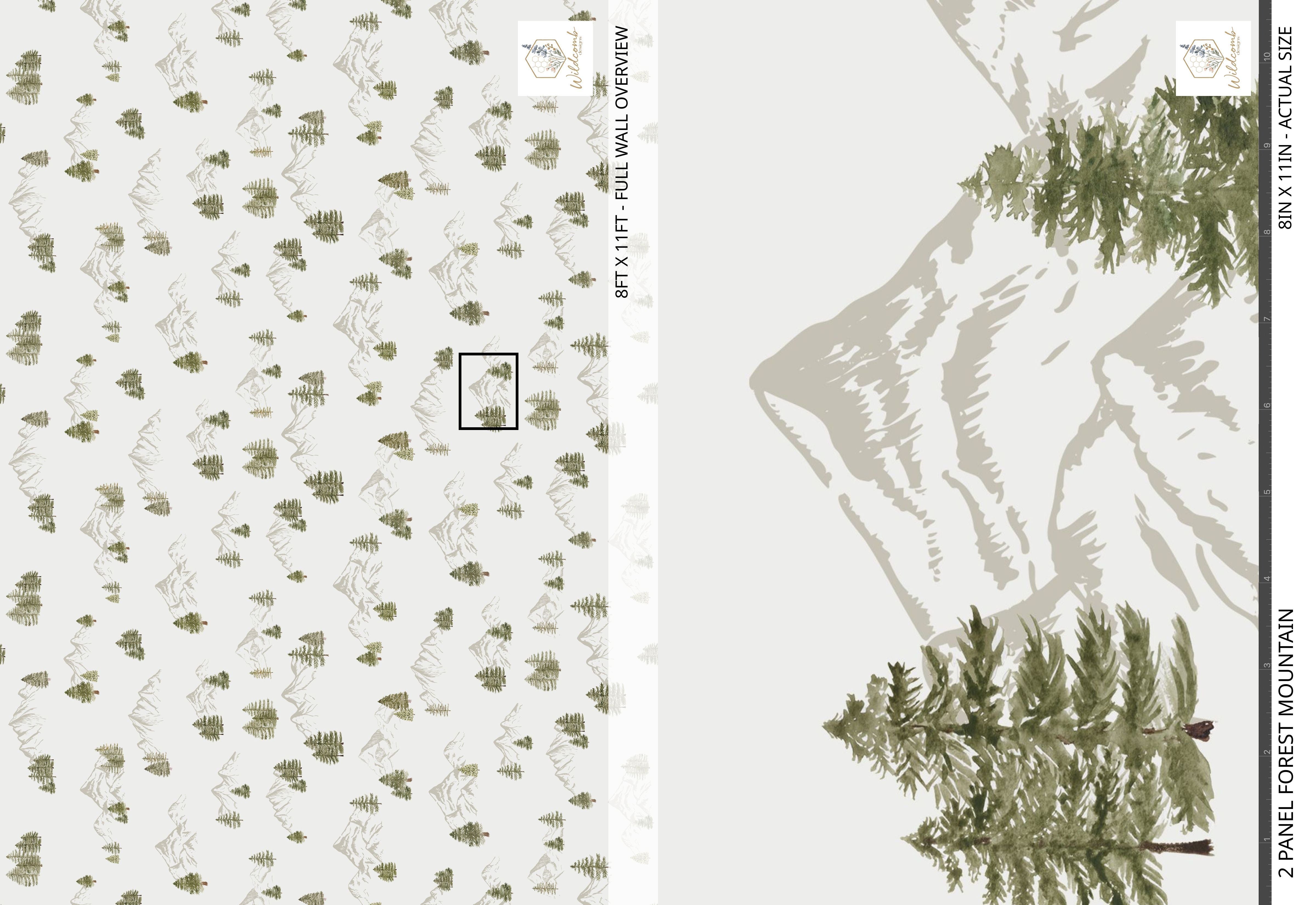 Full-wall overview of Bennett’s Mountain Forest wallpaper pattern with hand-painted mountains and evergreens, shown with an 8×11 inch close-up for scale.