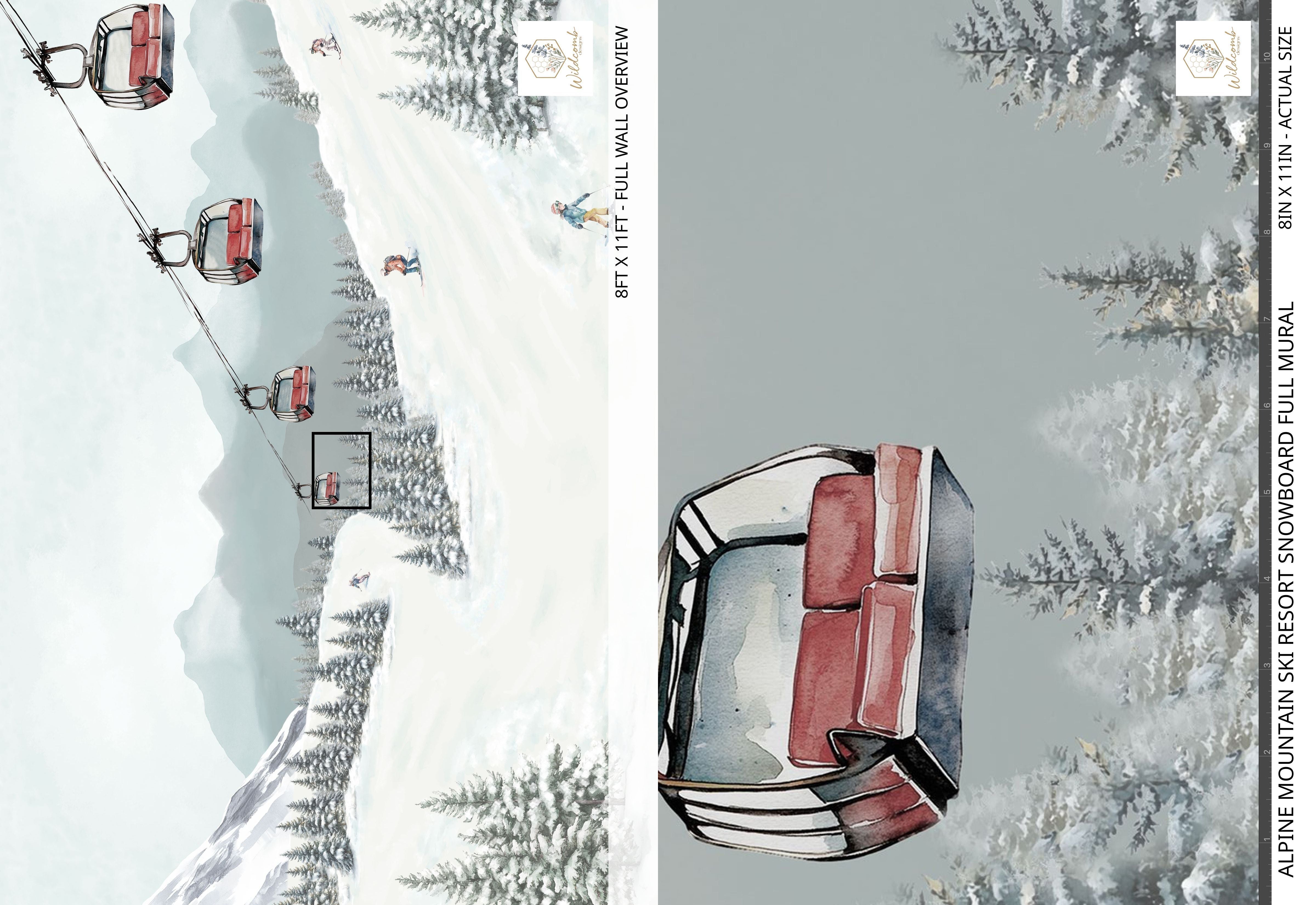 Full-wall overview of the alpine ski mountain mural with snowy slopes and gondolas, shown with an 8×11 inch close-up of the watercolor detail.