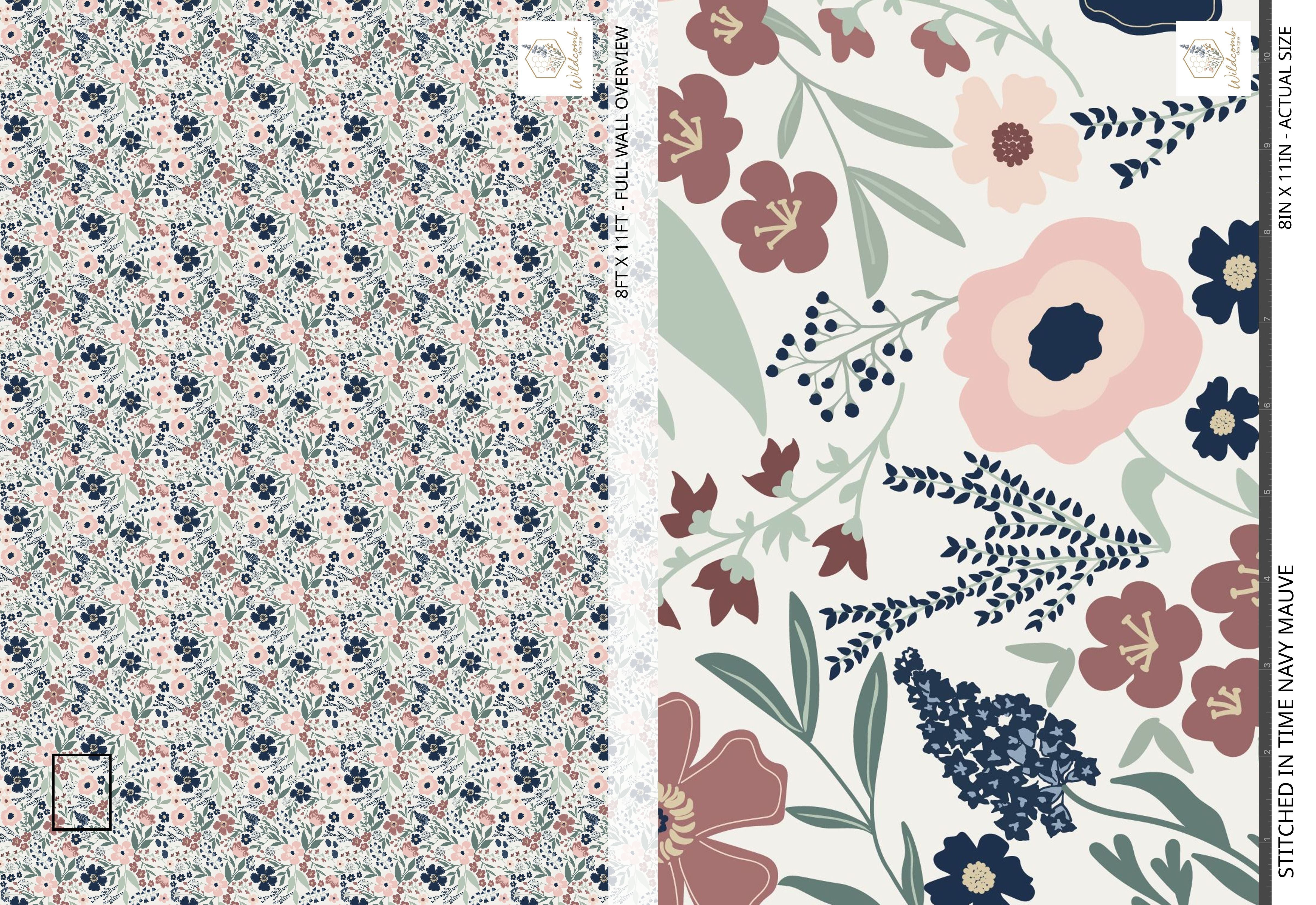 Full-wall overview of the Stitched in Time floral pattern in navy and mauve, shown with an 8x11 inch close-up highlighting hand-drawn details.