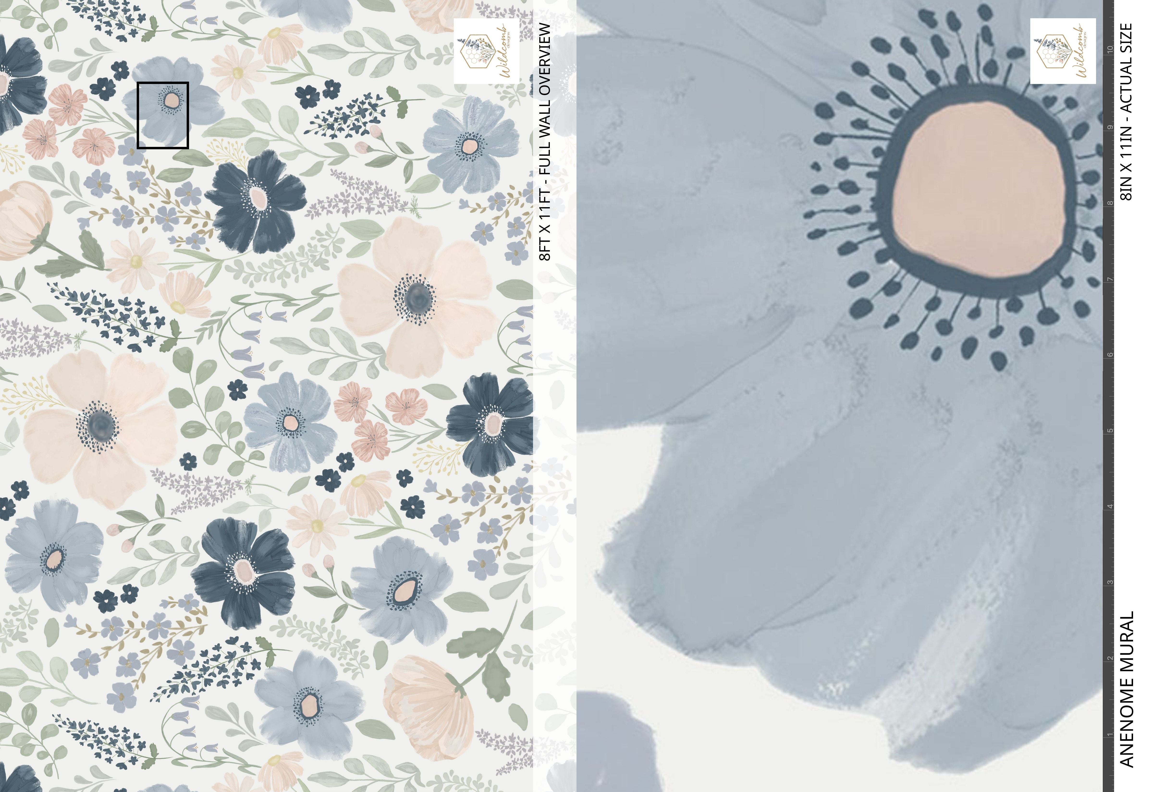 Full wall sample of jumbo anemone floral mural in navy, blush, and sage with close-up of hand-painted gouache flower.