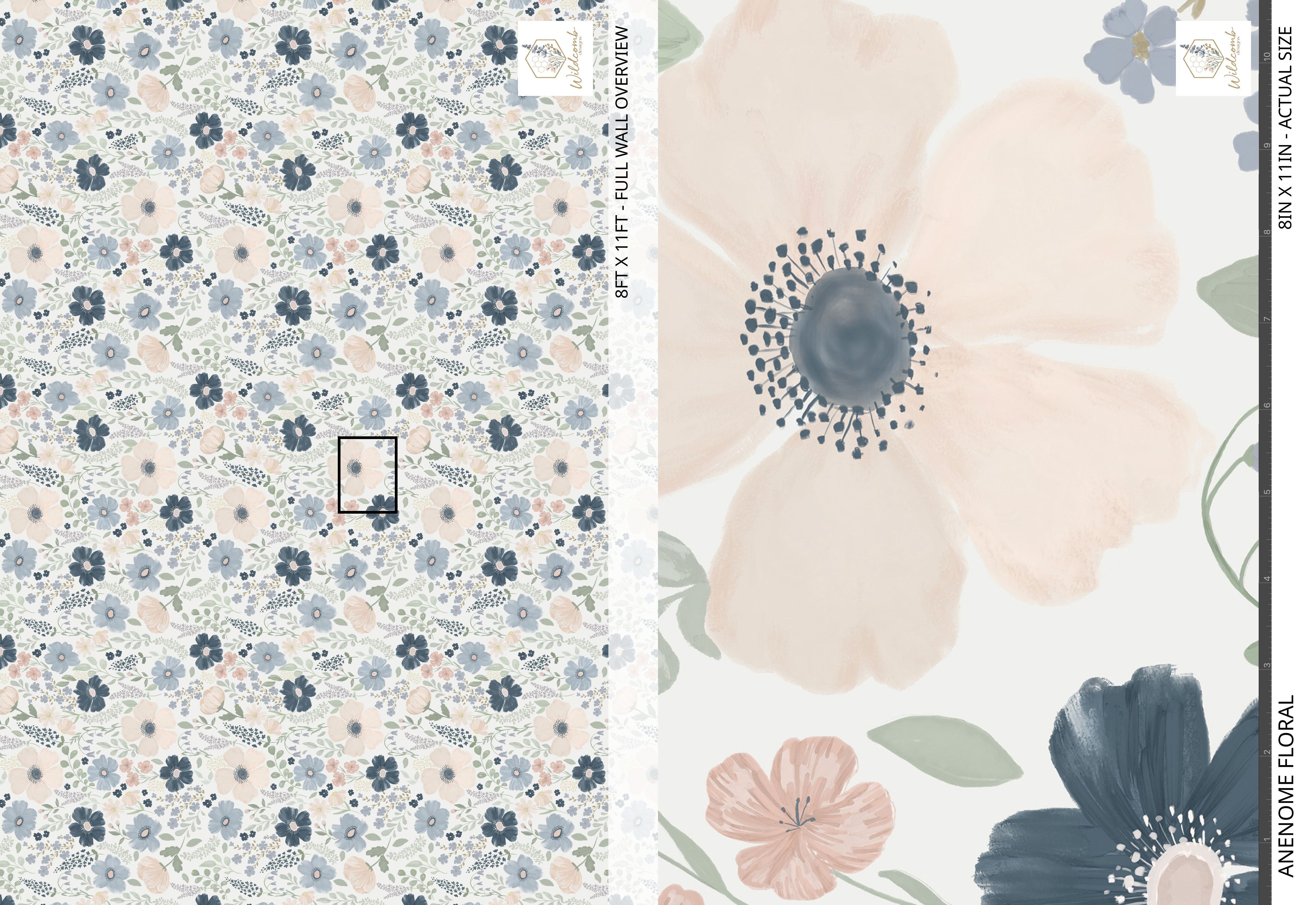 Full-wall overview of the navy and blush anemone floral pattern with painterly gouache details, shown alongside an 8x11 inch close-up for scale.
