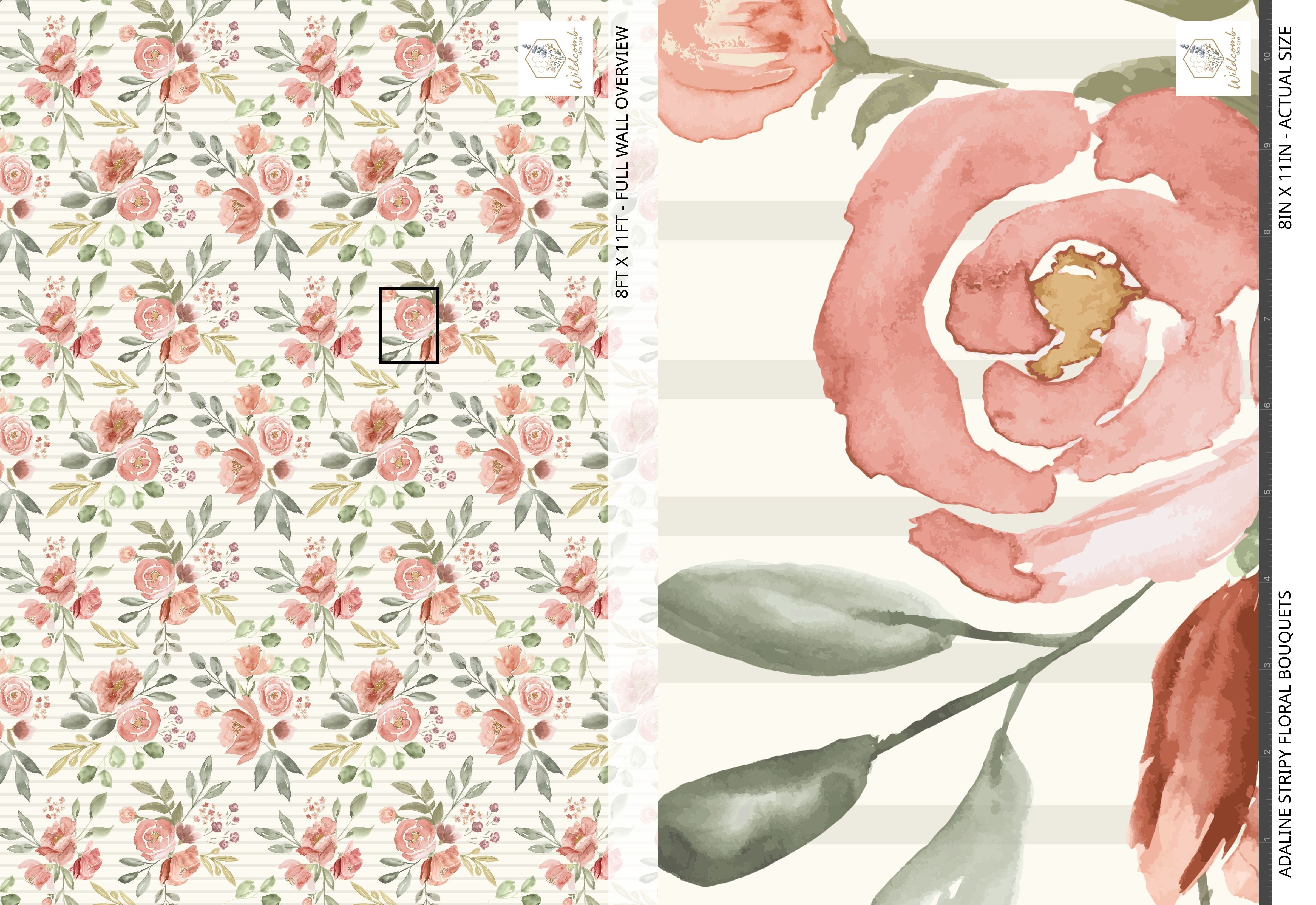 Adaline Stripy Floral Bouquets wallpaper sample sheet showing the full repeat of oversized watercolor roses and subtle stripes, alongside a detailed close-up of the hand-painted floral artwork.