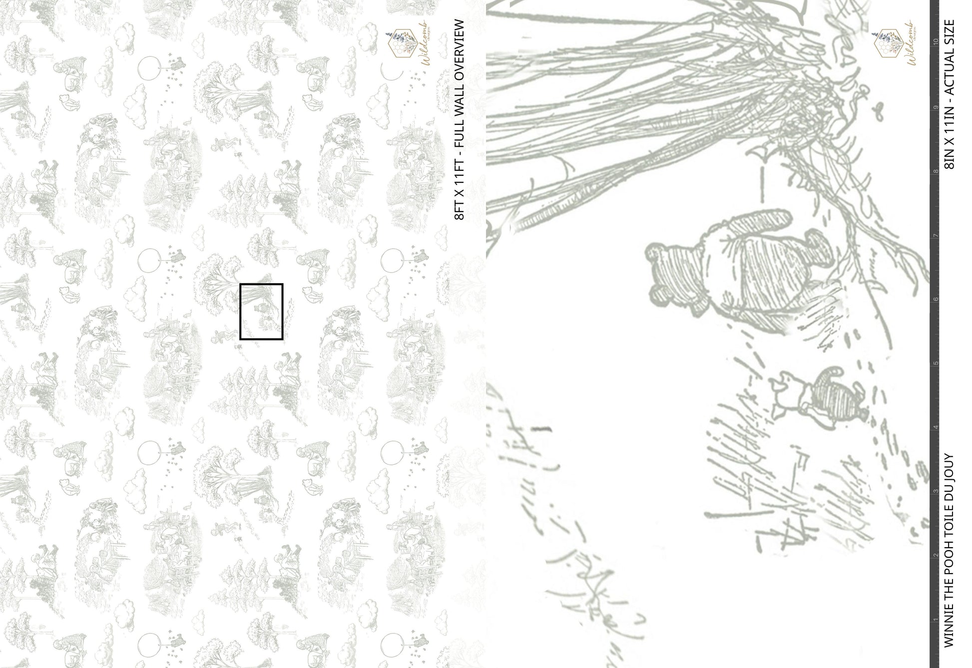 Full-wall overview of the sage Winnie the Pooh toile pattern with classic storybook line drawings, shown beside an 8x11 inch close-up for scale.
