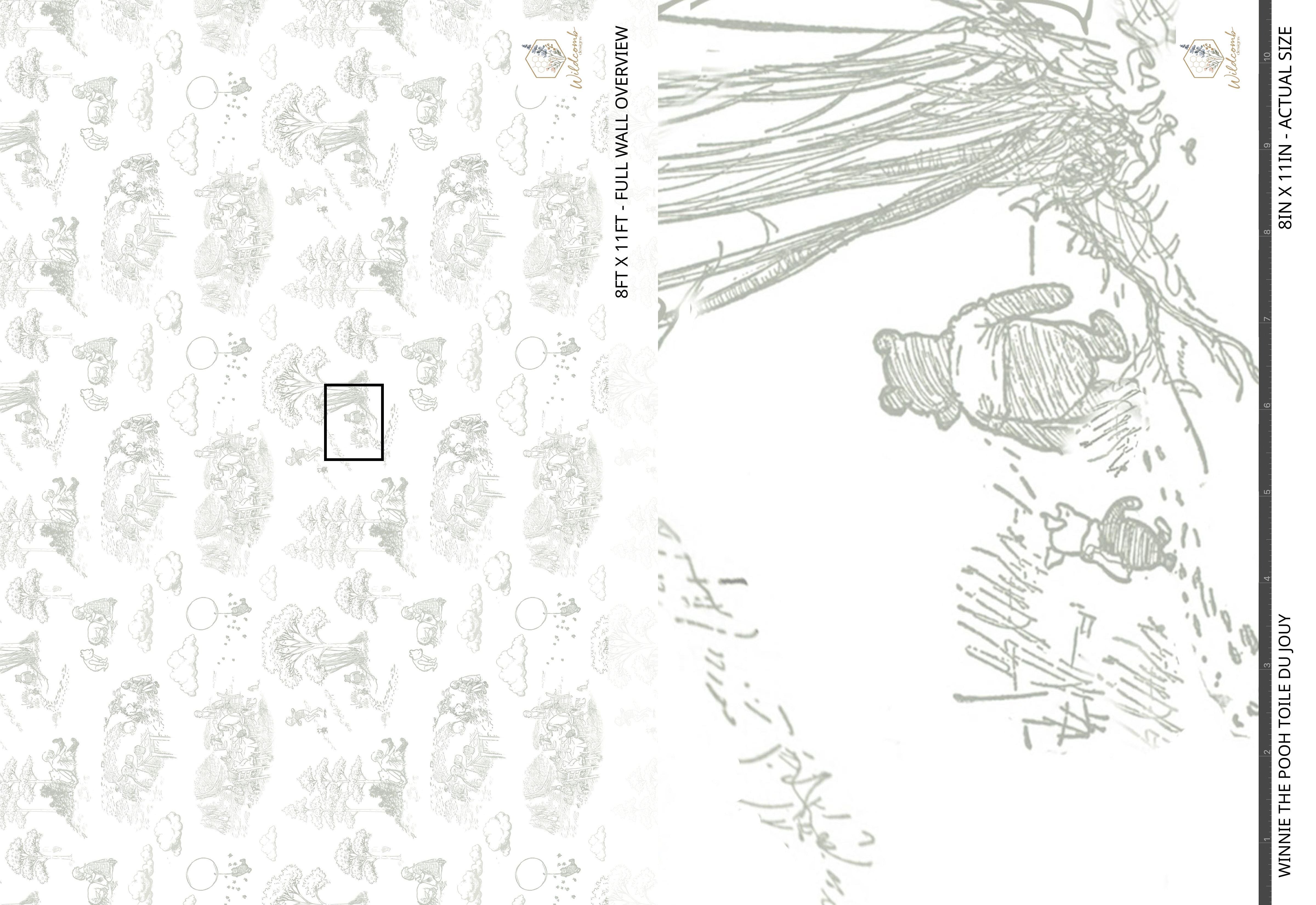 Full-wall overview of the sage Winnie the Pooh toile pattern with classic storybook line drawings, shown beside an 8x11 inch close-up for scale.