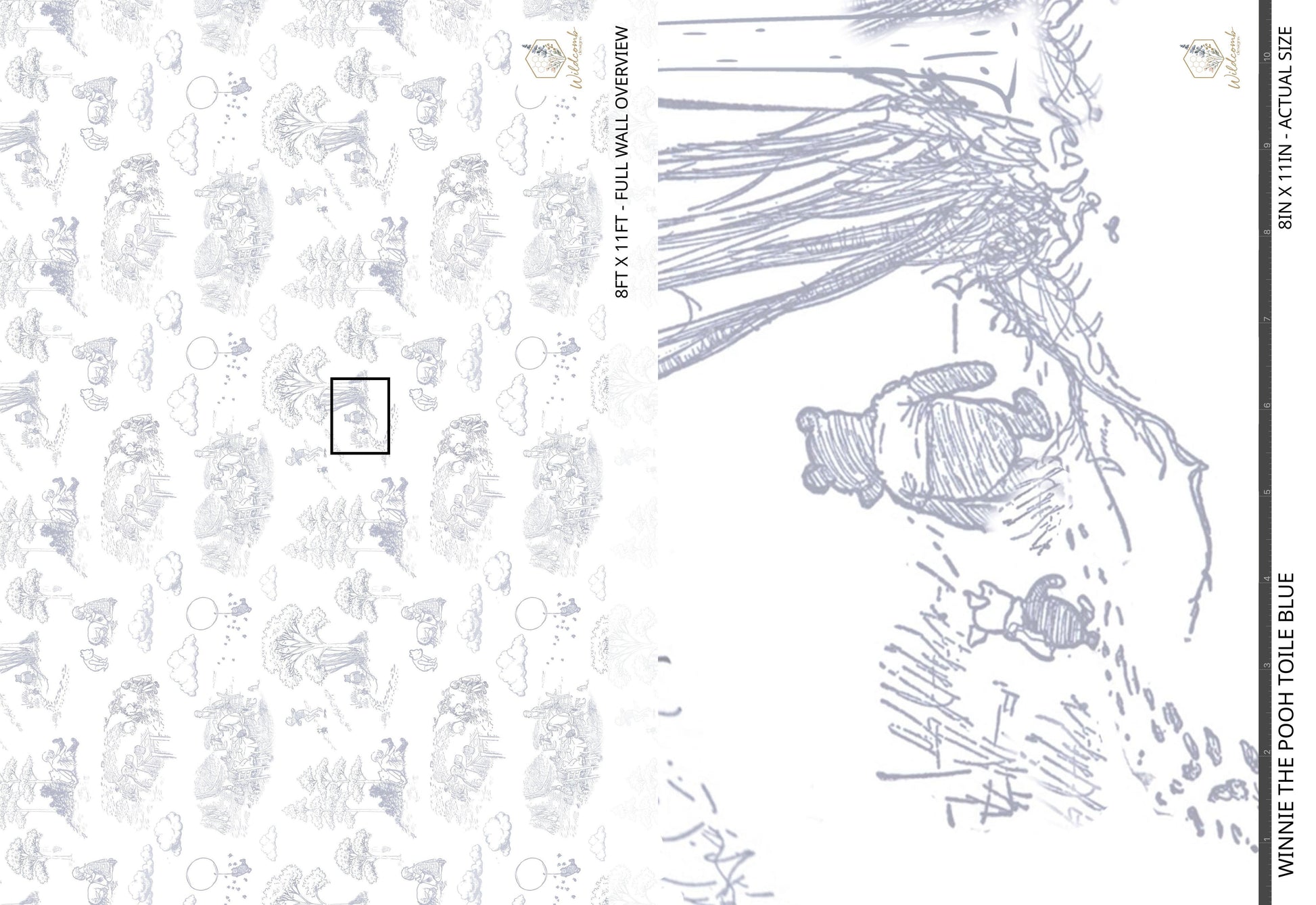 Full-wall overview of the navy Winnie the Pooh toile pattern with restored storybook line drawings, shown alongside an 8x11 inch close-up for scale.