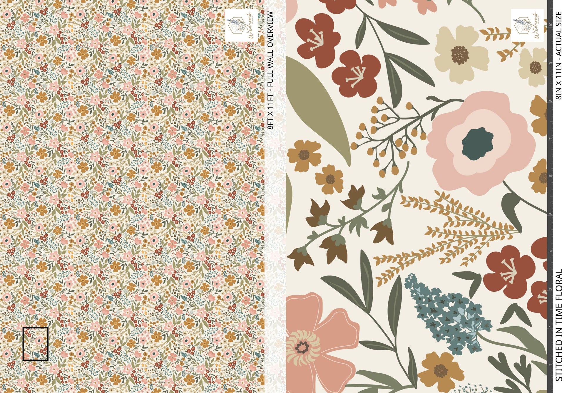 Two floral patterned wallpaper samples side by side with a visible brand label.