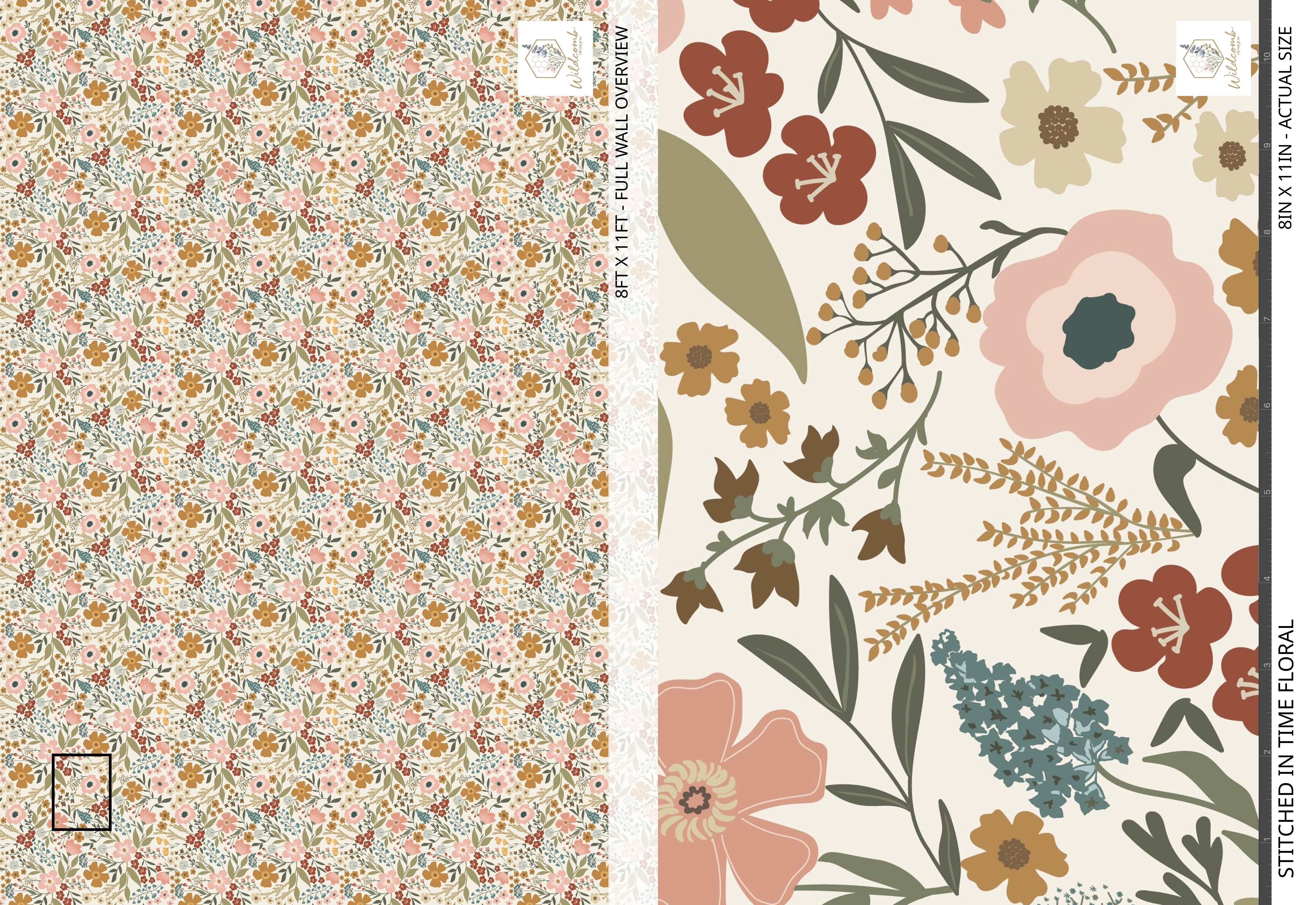 Full-wall overview of the Stitched in Time Floral wallpaper pattern beside an enlarged detail of the hand-drawn blooms in warm autumn tones.