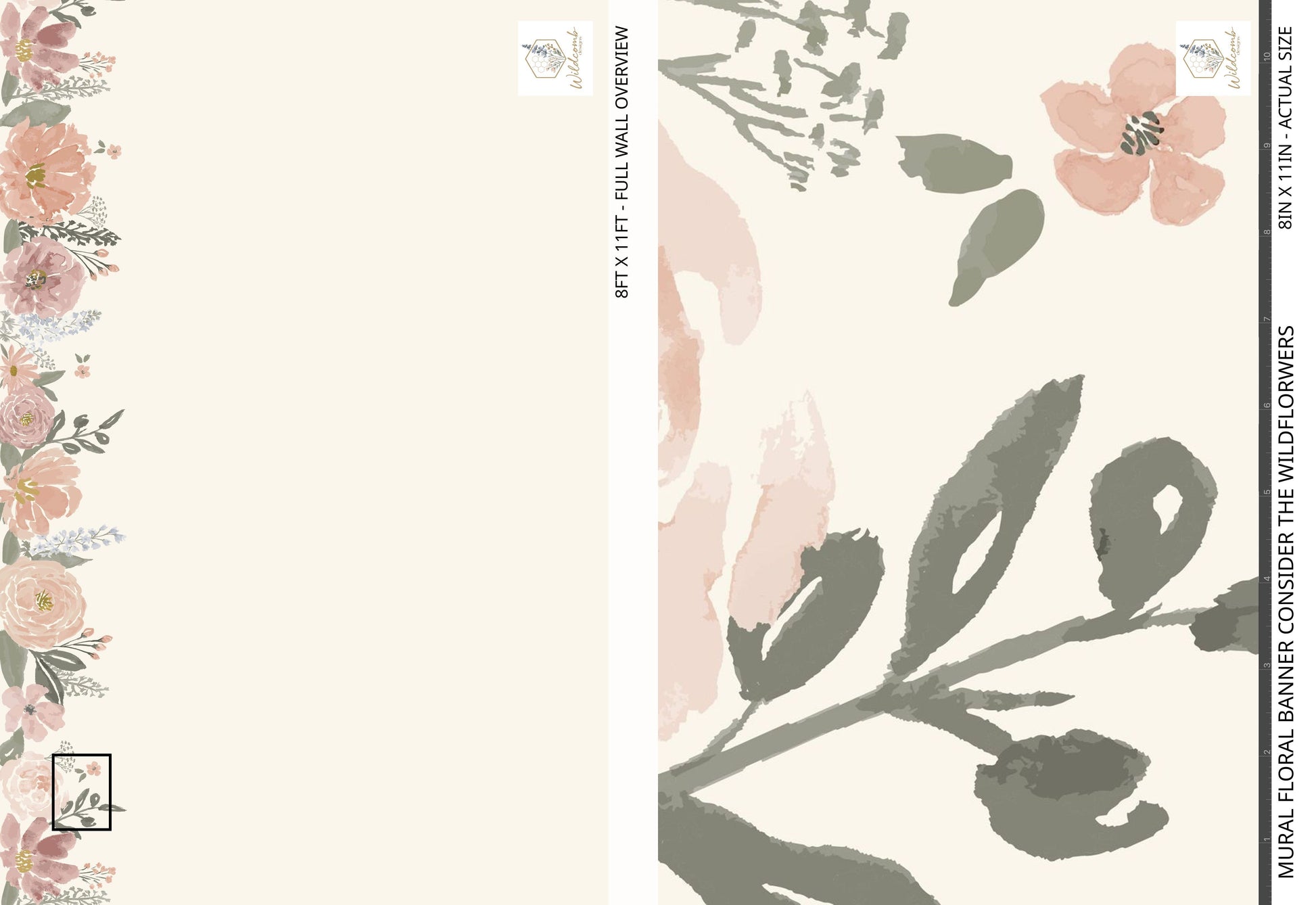 Floral wallpaper mural sample with pink and green flowers on a white background