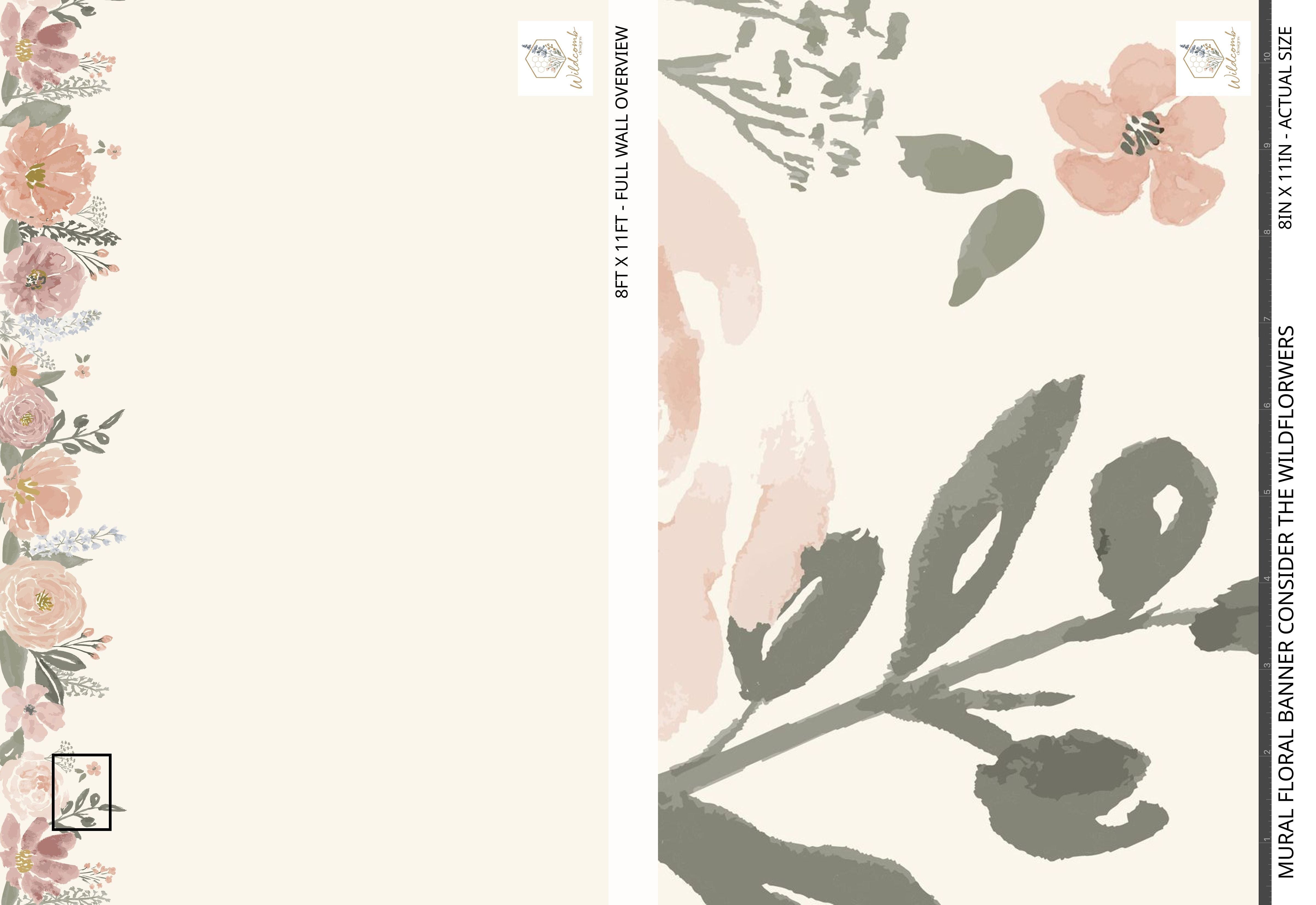 Close-up of the Consider the Wildflowers floral garland mural showing hand-painted roses, peonies, and leafy greenery in soft pinks, mauves, and sage for a vintage botanical look.