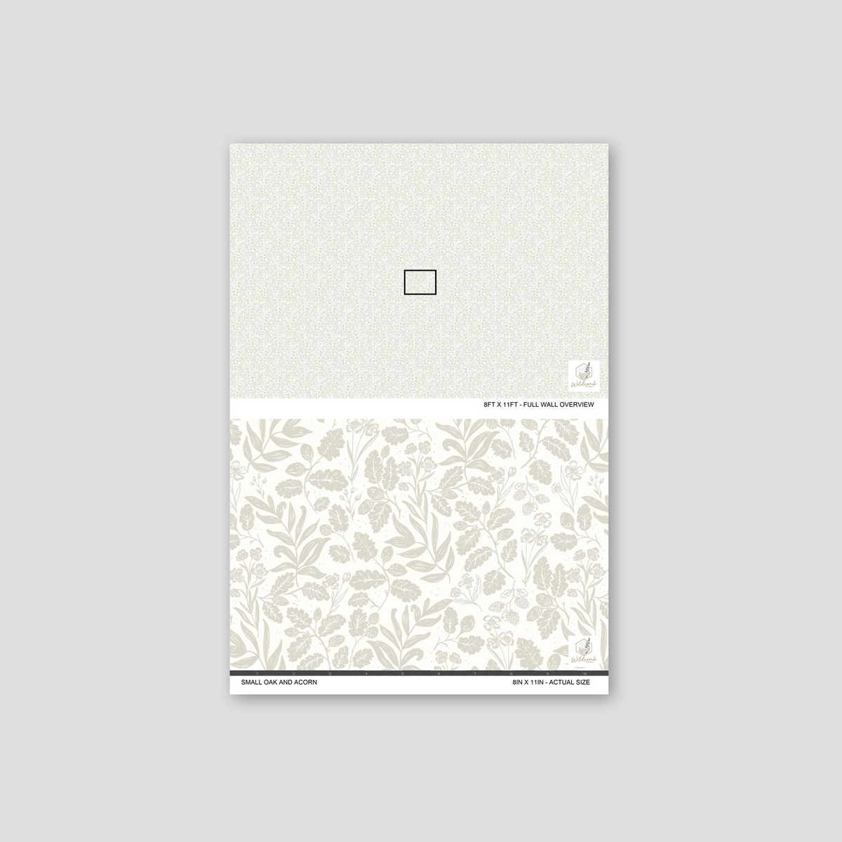 Small Oak and Acorn wallpaper with delicate oak leaves and acorns in pale oak ink on a neutral background.