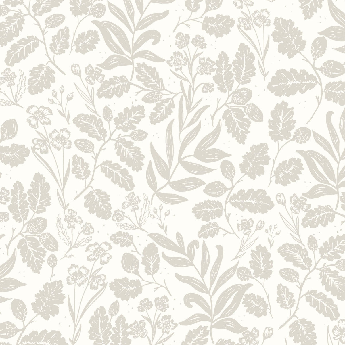 Small Oak and Acorn wallpaper with pale oak leaves and acorns on a creamy background.