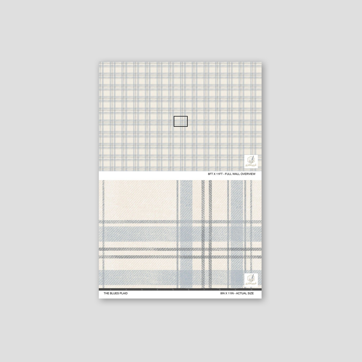 Soft dusty blue plaid wallpaper with warm ivory background and woven texture