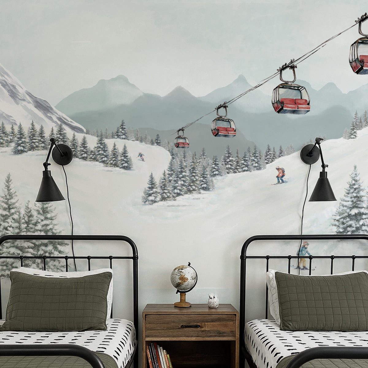 Children's bedroom with ski-themed wallpaper featuring a snowy mountain and ski lift.