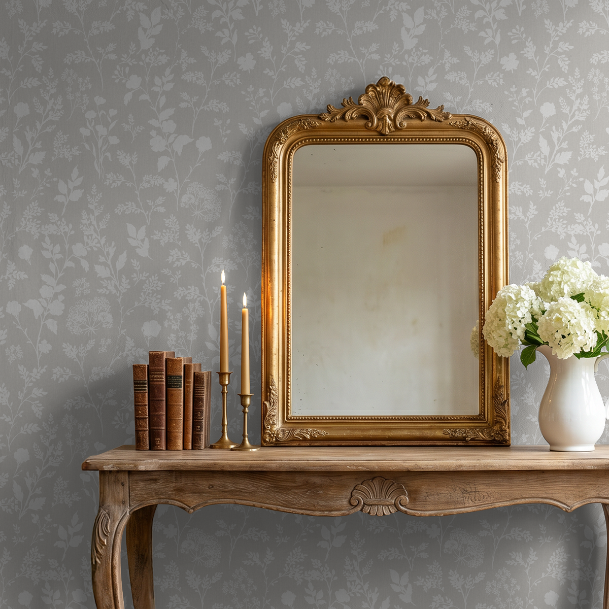 Sunprint Wildflowers Linen wallpaper with delicate floral pattern in elegant room setting.