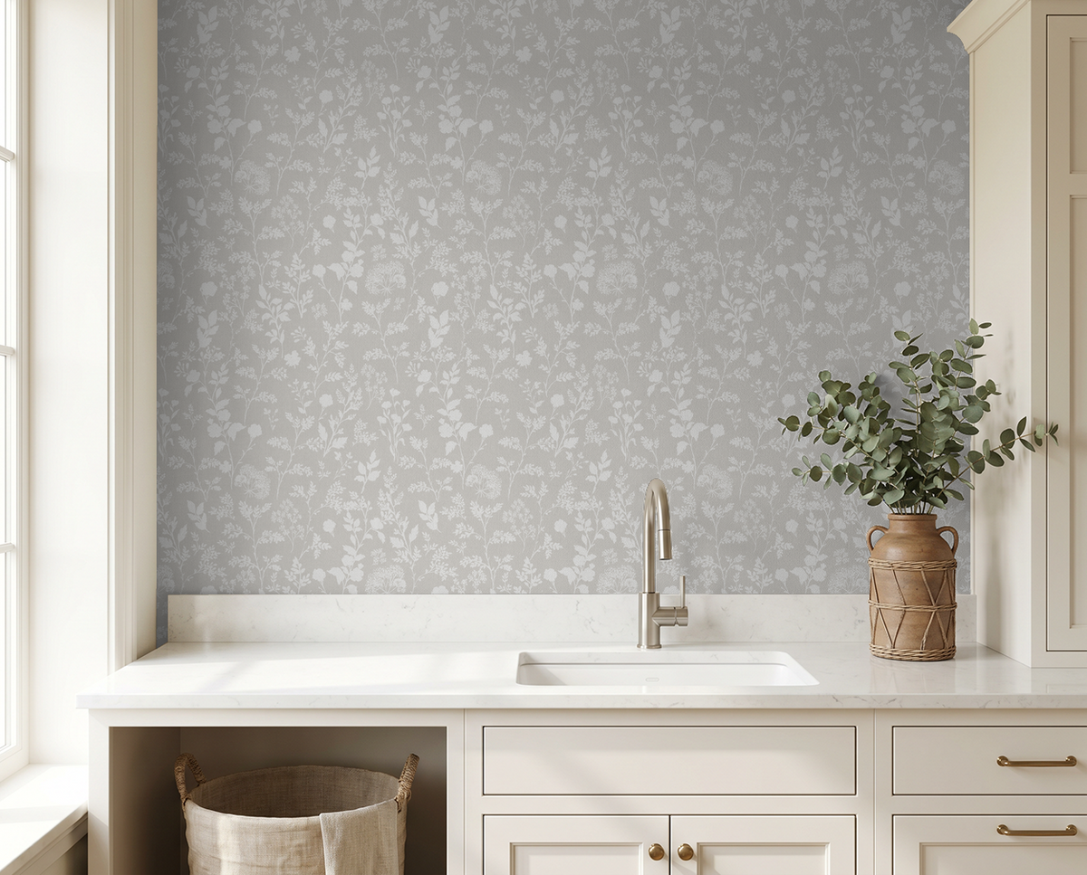 Sunprint Wildflowers Linen wallpaper with soft floral pattern in neutral kitchen setting.