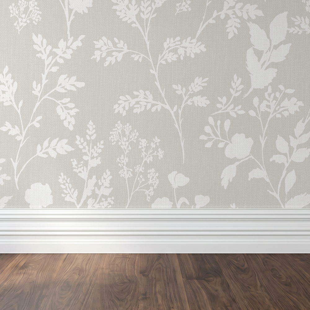 Sunprint Wildflowers Linen wallpaper with white floral pattern on a light background in a modern room.