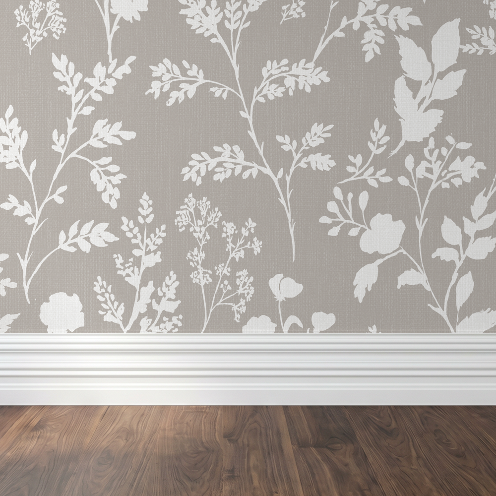 Sunprint Wildflowers Mushroom wallpaper with white botanical pattern on textured background above wood floor.