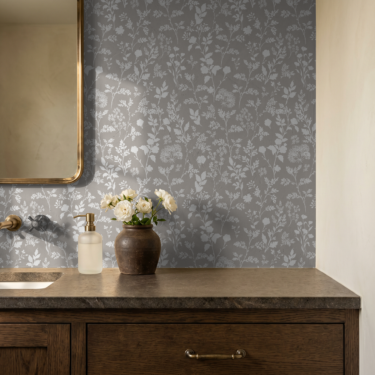 Sunprint Wildflowers Mushroom wallpaper with botanical design in a rustic bathroom setting.