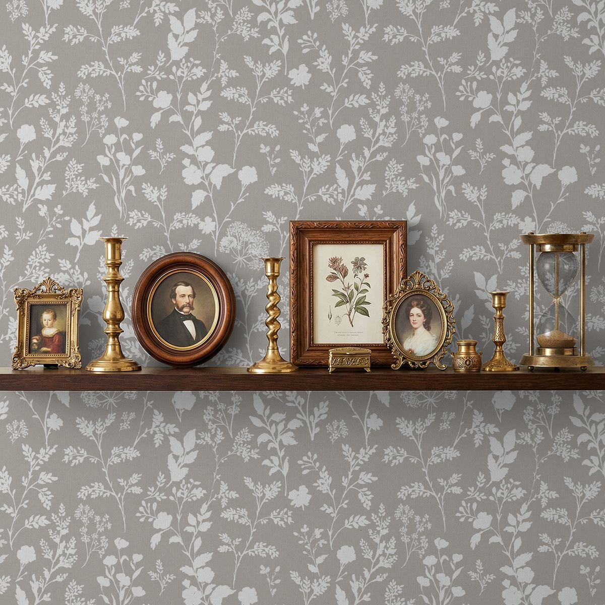 Sunprint Wildflowers Mushroom wallpaper with vintage decor on shelf