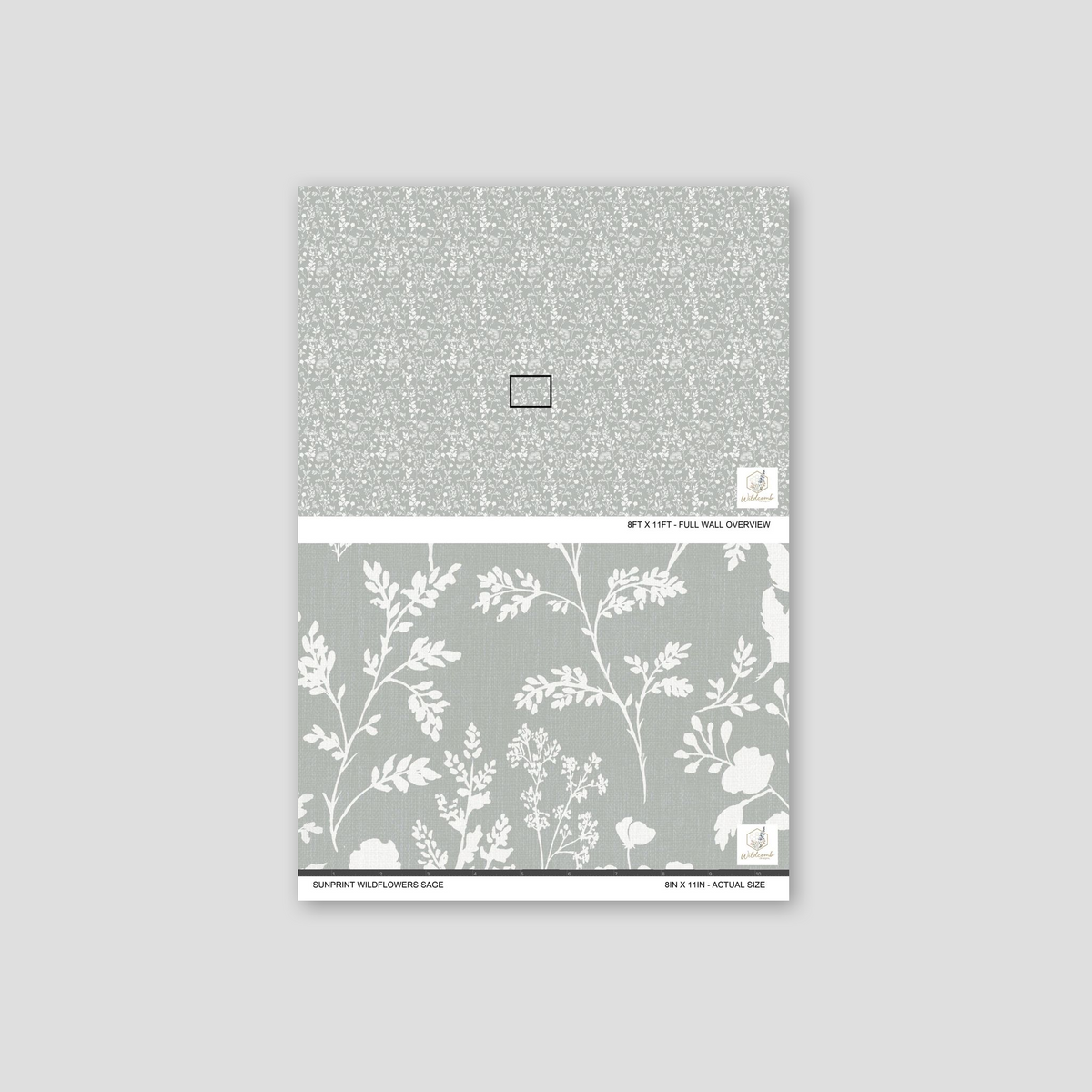 Sunprint Wildflowers Sage wallpaper with delicate white floral silhouettes on a sage background.
