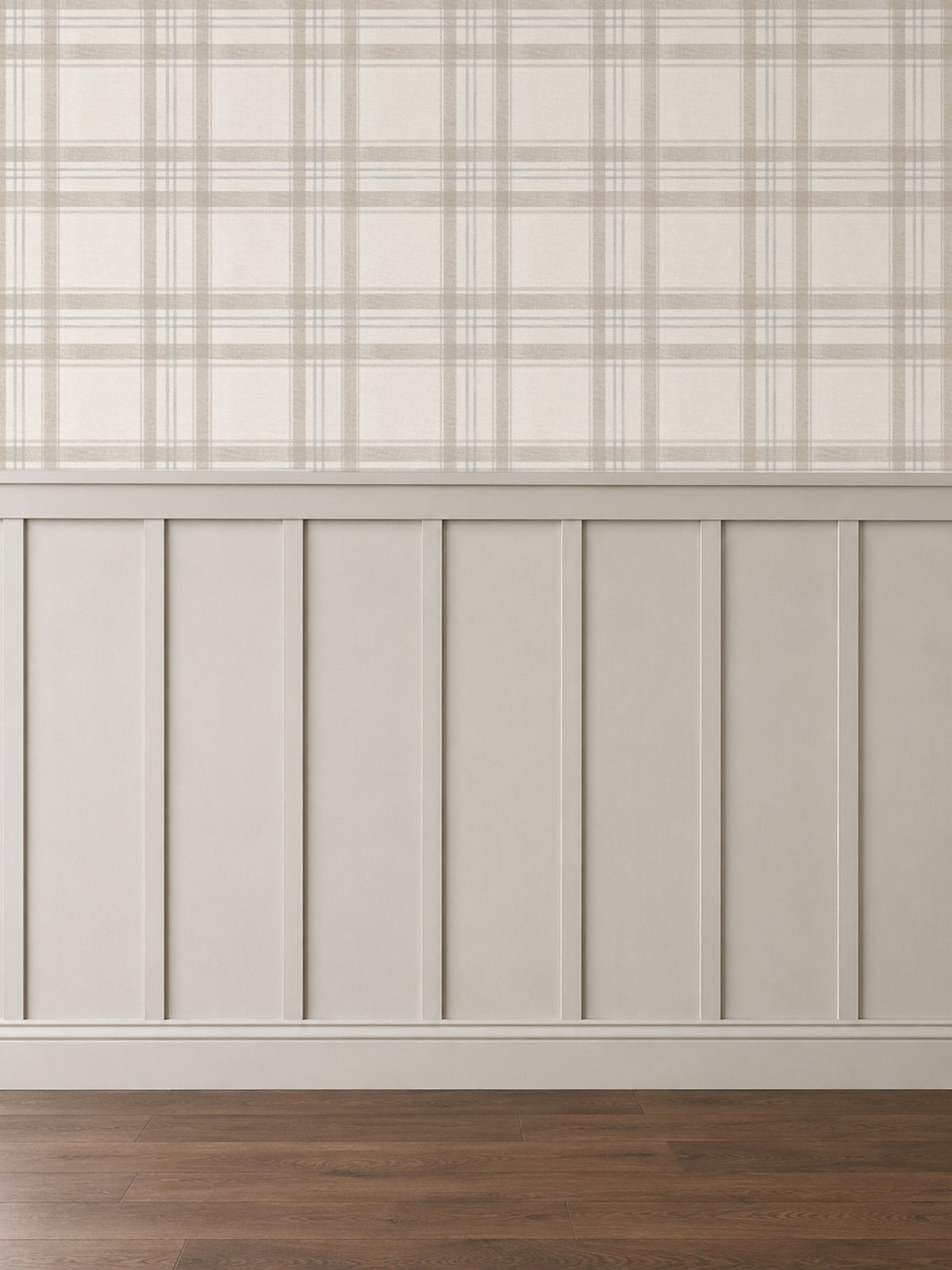 Taupe and cream plaid wallpaper in a classic room setting with wood paneling.