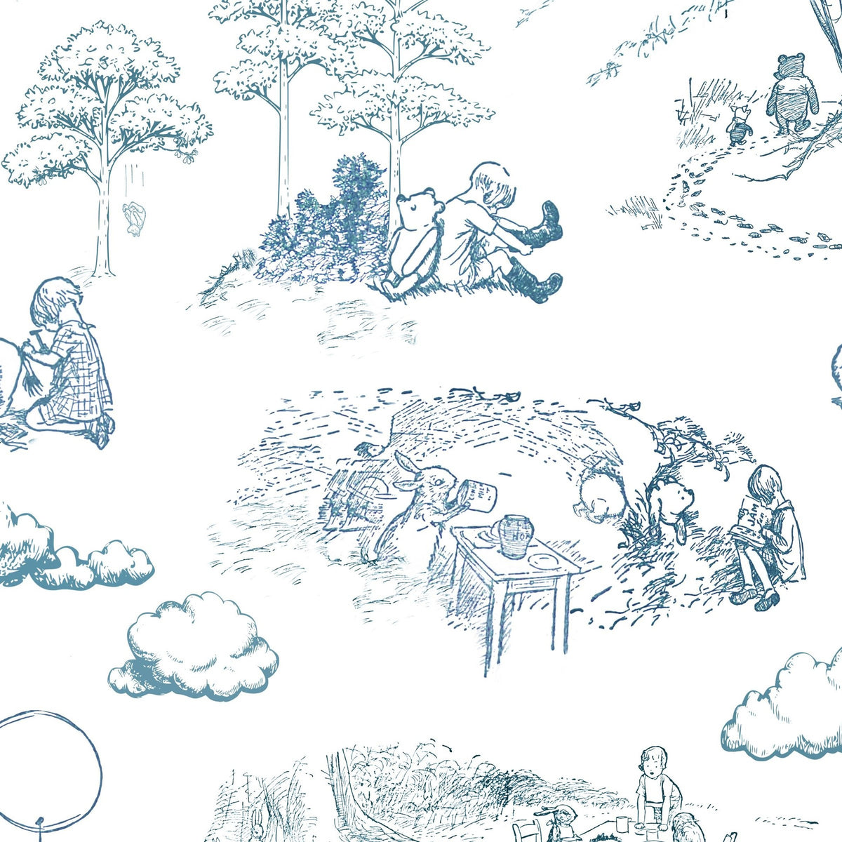 Whimsical teal navy wallpaper with illustrated childhood scenes and characters.