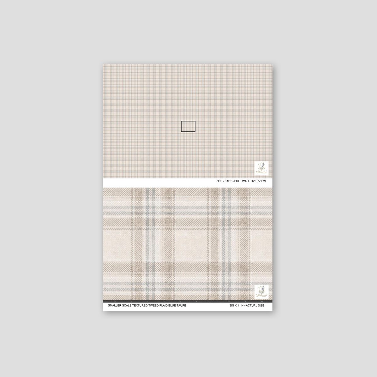 Textured tweed plaid wallpaper in blue and taupe with a classic check pattern.