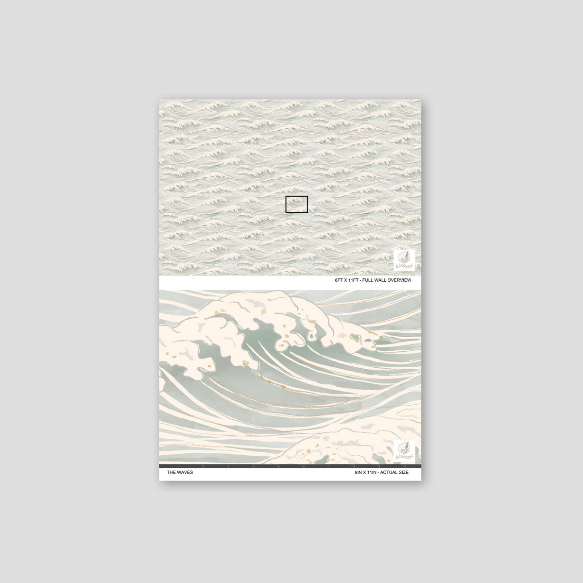 The Waves blue and ivory ocean wallpaper showing the full repeat and detailed hand-drawn wave pattern.