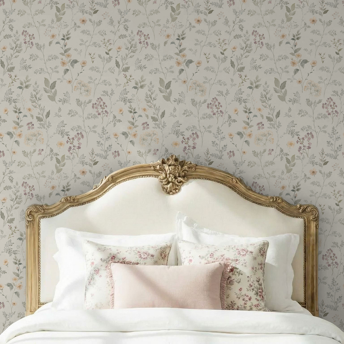 The Wildflower Way floral wallpaper in a romantic vintage bedroom with upholstered headboard