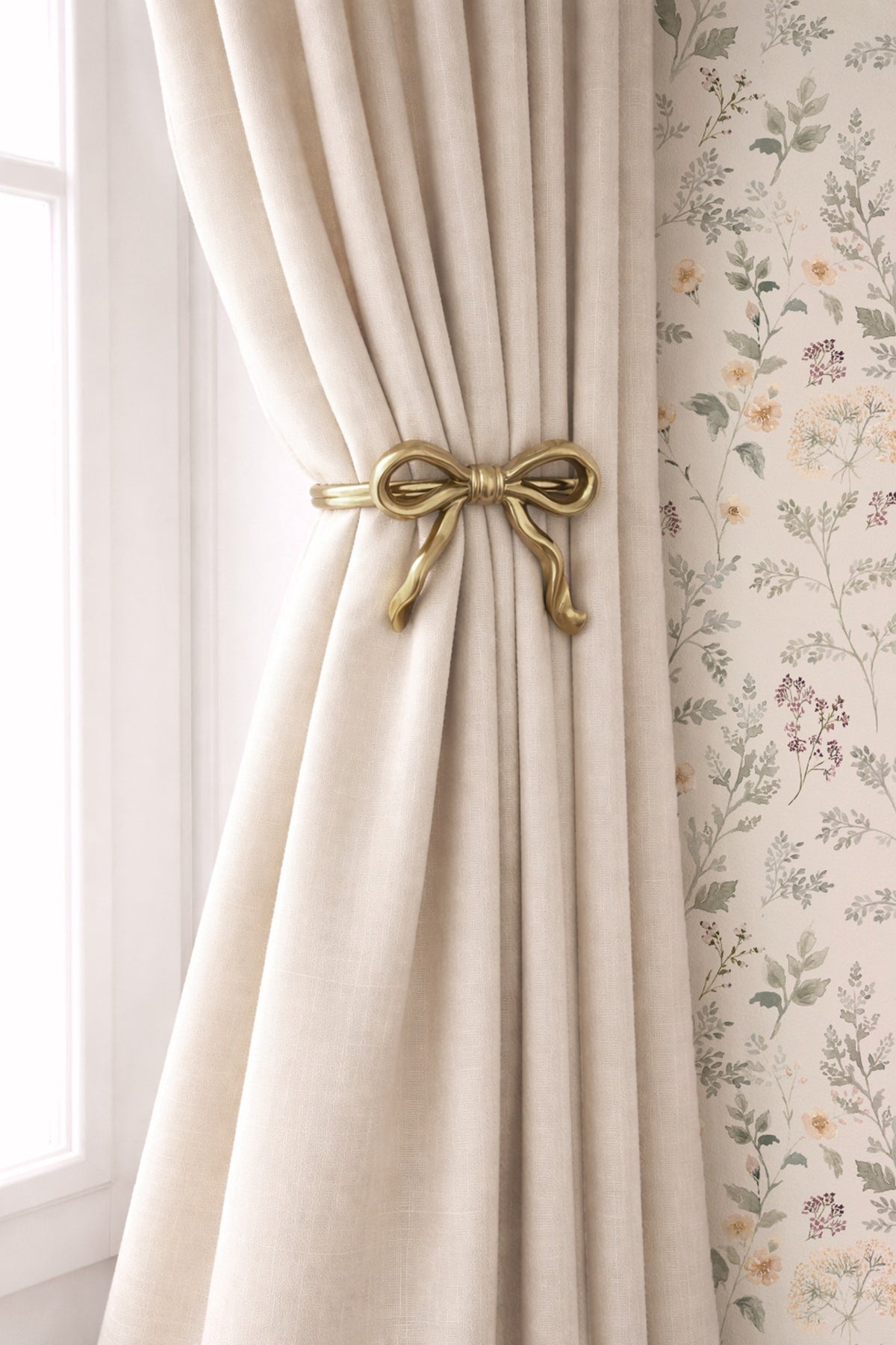 Vintage botanical wallpaper with delicate sage and peach wildflowers beside a cream linen curtain