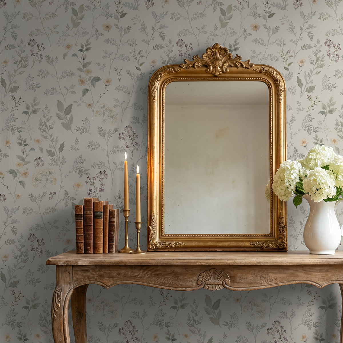 Vintage floral wallpaper in an English country room with antique mirror, wood console and candles