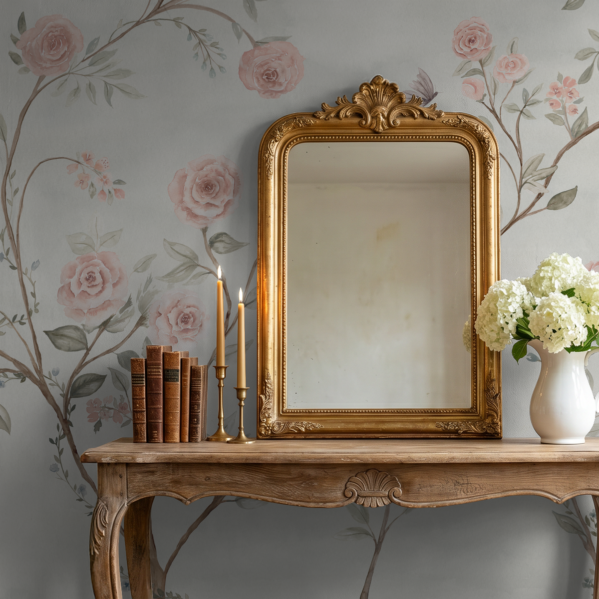 Vintage-inspired rose wallpaper with watercolor florals and climbing botanical branches.
