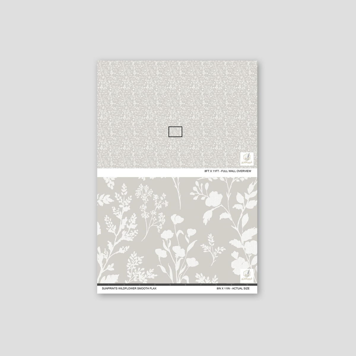 White botanical motifs on flax background wallpaper sample.