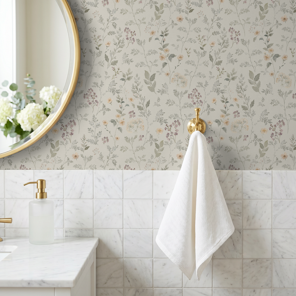 Soft wildflower wallpaper in cream and sage above marble tile in a classic bathroom