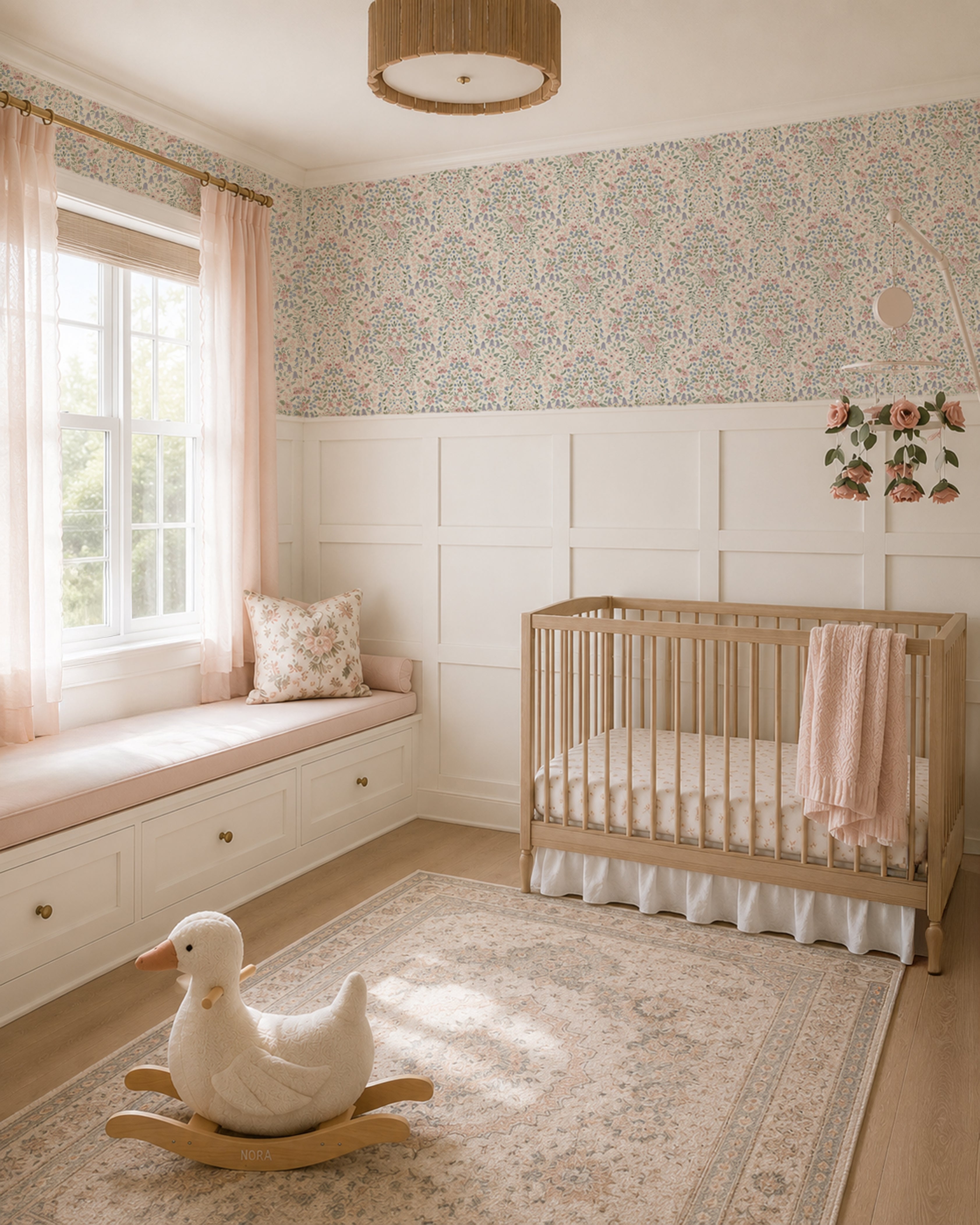 A styled nursery room featuring a light wood crib, a built-in window seat with pink cushions, floral damask wallpaper above wall panelling, blush pink curtains, and a white rocking duck toy on a patterned rug.
