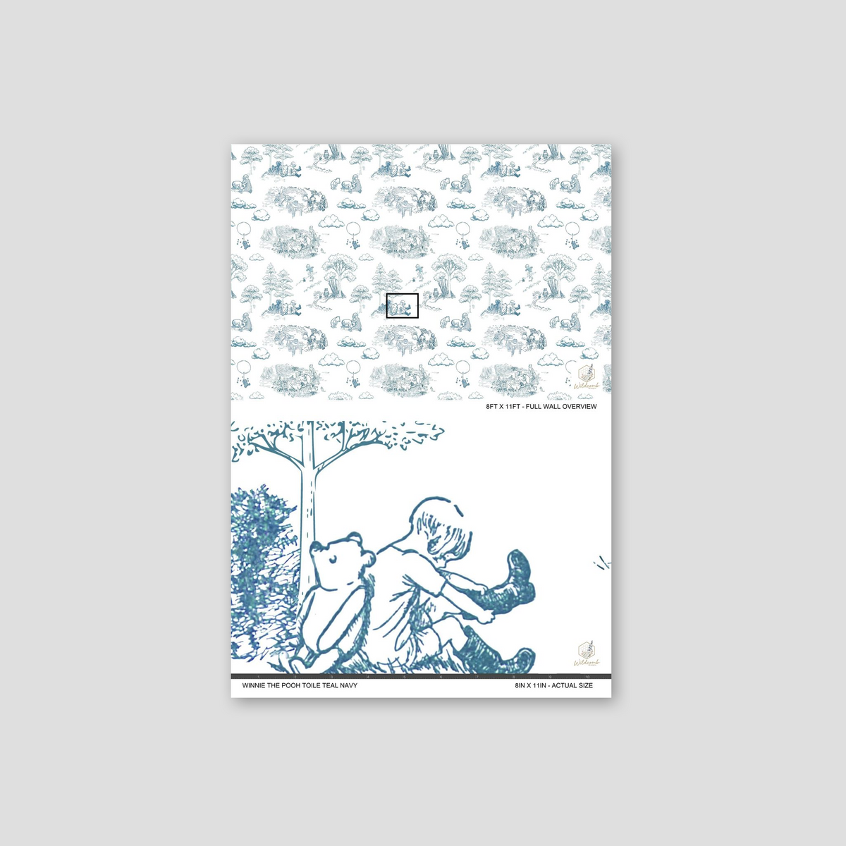 Whimsical teal and navy Winnie the Pooh toile wallpaper with playful scenes